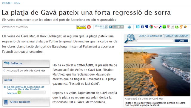Notcia publicada al diari digital 'LAMALLA.CAT' sobre la regressi de part de la platja de Gav Mar (7 Desembre 2011)